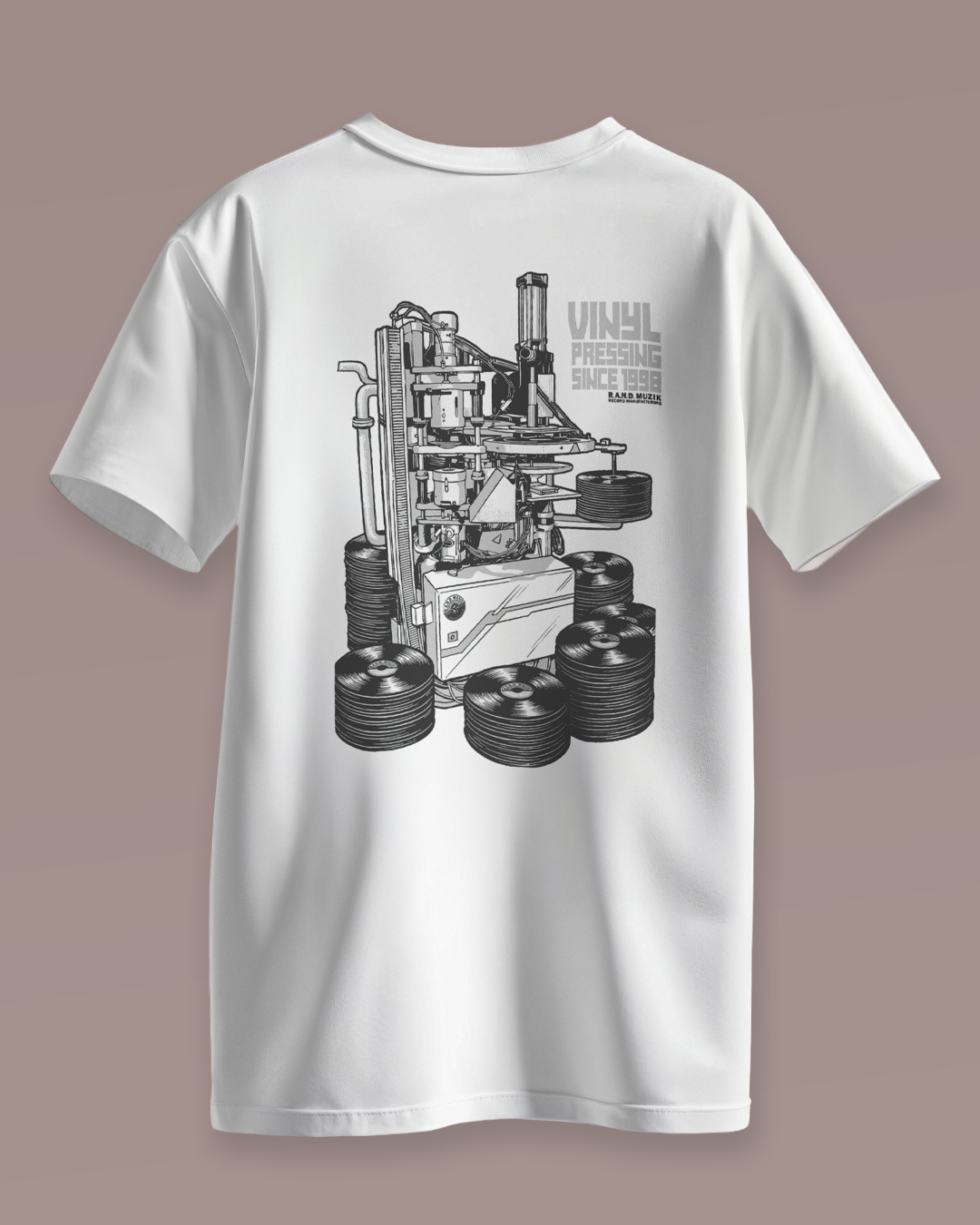 R.A.N.D. T-Shirt Schallplattenpresse weiß