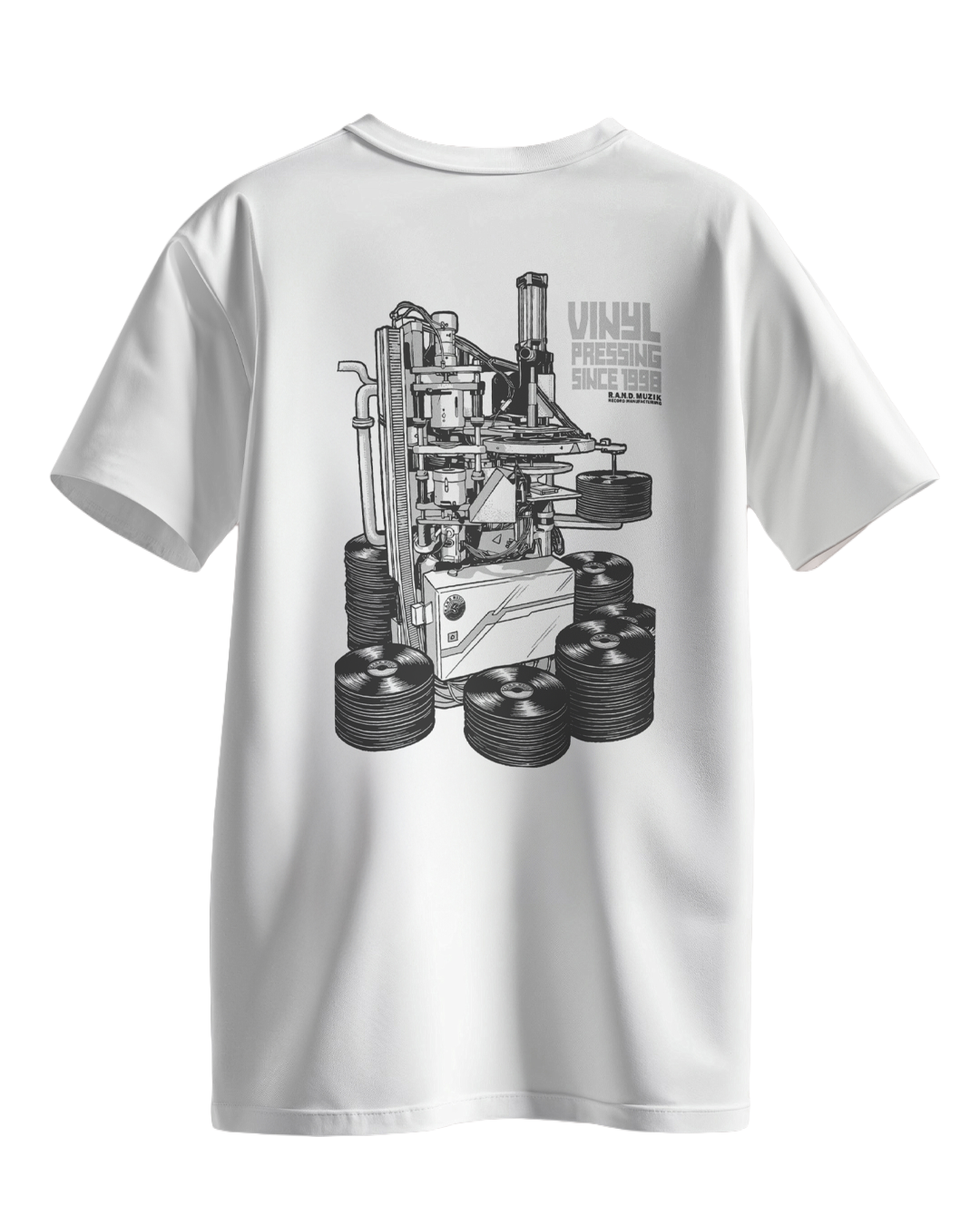 R.A.N.D. T-Shirt Schallplattenpresse weiß